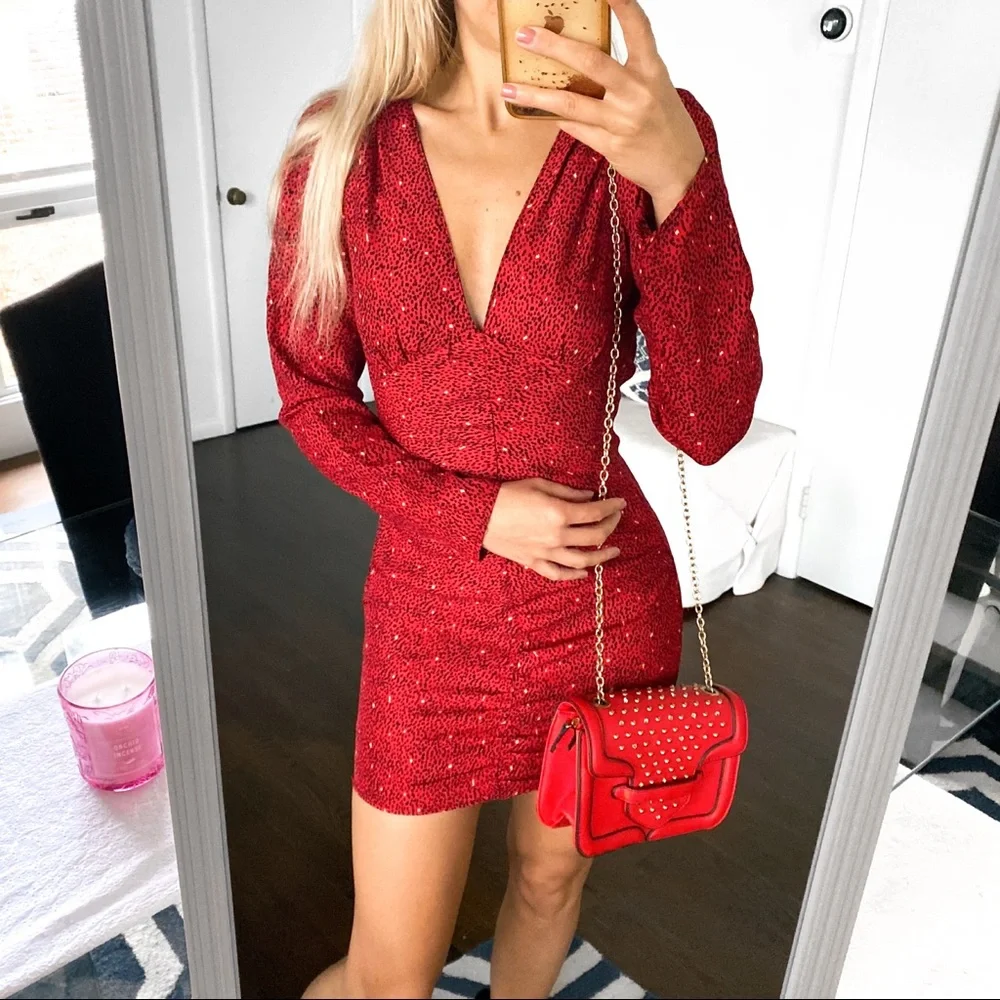 ❤️ ZARA RED BLACK ANIMAL PRINT LING SLEEVE FIT & FLARE MINI DRESS! - Picture 5 of 12